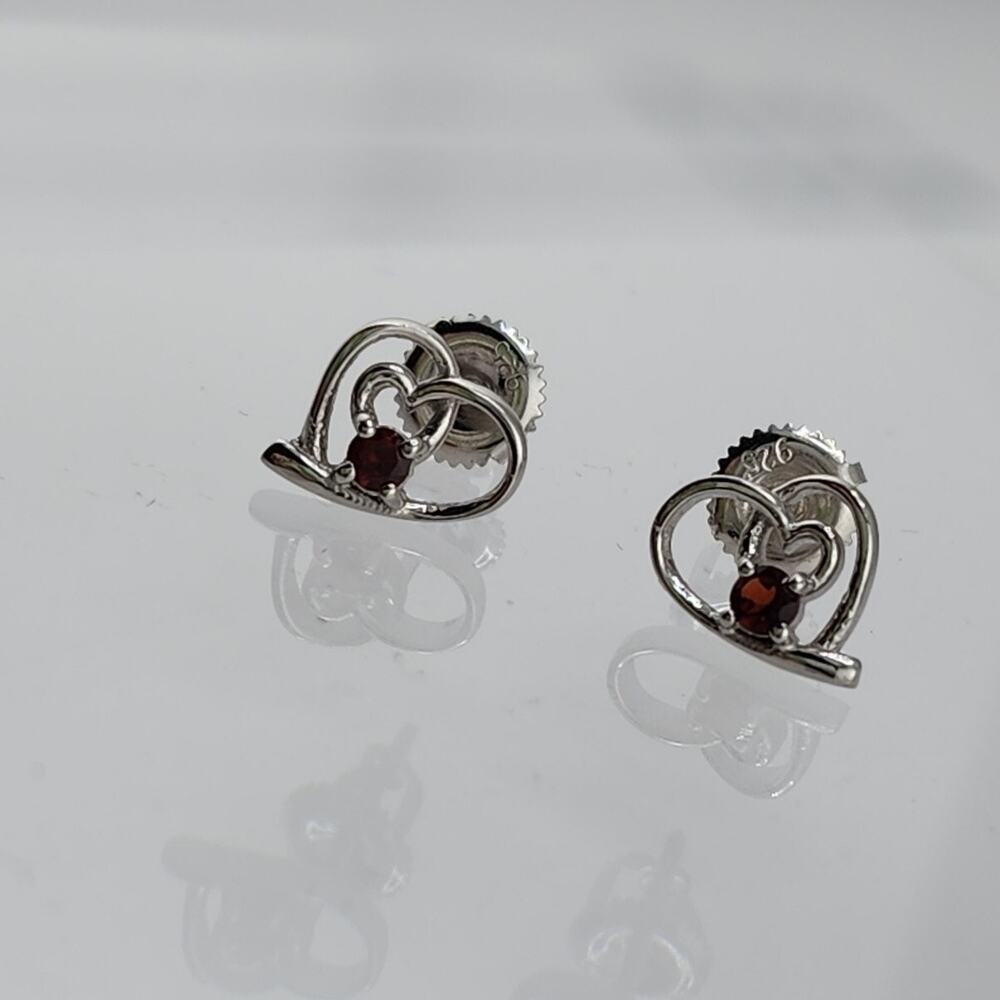 10MM 925 Sterling Silver Garnet Screw Back Heart Earrings Studs Small